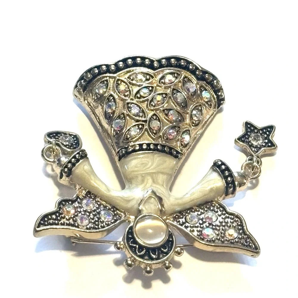 KC Angel Brooch Silver Tone Enamel Rhinestone Dangle Star Heart Cat Eye Cabochon